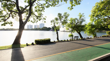 Paved road in an urban area by a lake