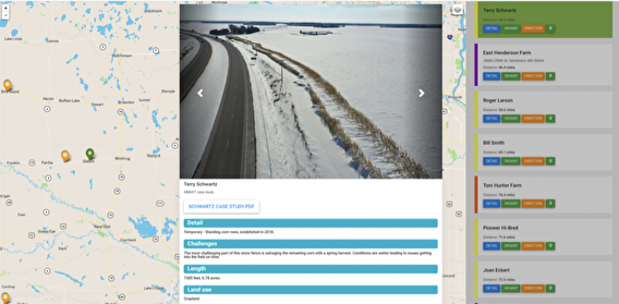 Screen shot of FarmMaps tool showing a map and a photo of a snow fence along a roadway
