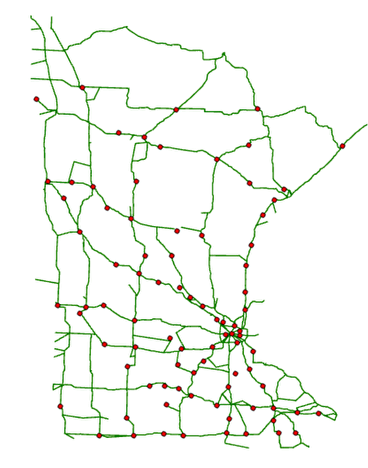 Map of Minnesota showing charging stations