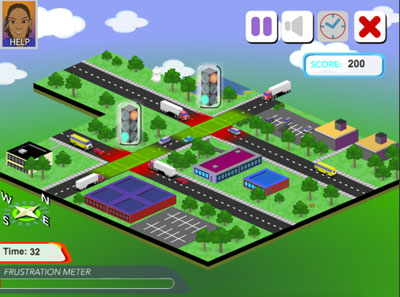 Screen shot of Gridlock Buster game showing vehicles stopped at intersections