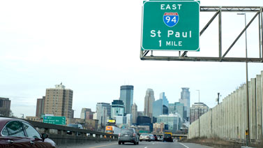 Traffic on a freeway leading into Minneapolis