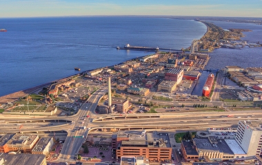 Aerial view of downtown Duluth, Canal Park, and I-35