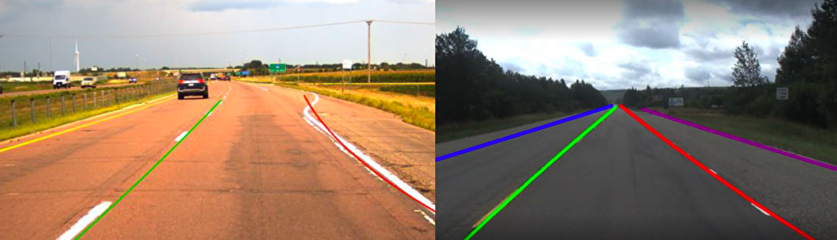 Two views from the MnCAV vehicle of road markings