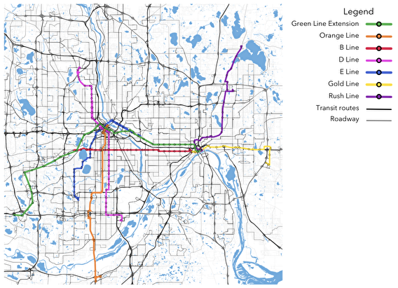 Color-coded map showing the transitways used in the study