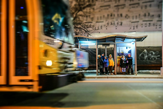 People standing in a bus shelter at night
