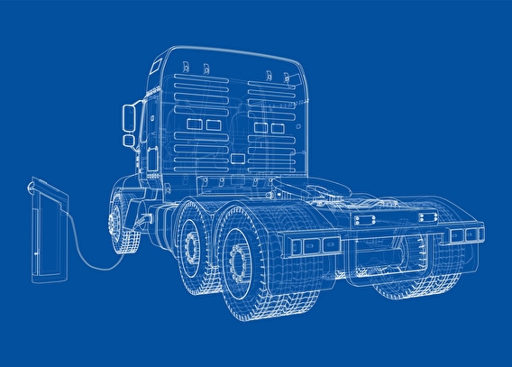 Illustration of an electric semi truck plugged in to a charging station