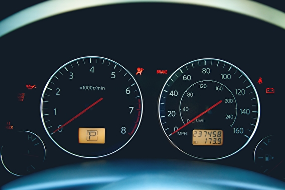 Close up of gauges in a vehicle dashboard