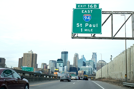 Traffic on a freeway leading into Minneapolis, Minnesota