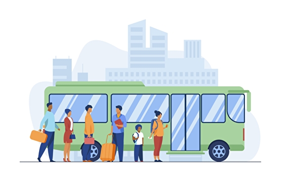 Graphic showing a group of people standing by a bus with city skyline in the background