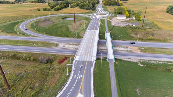 Aerial view of a roadway interchange