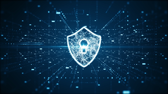 Illustration of a badge with a keyhole over a background showing a cyber network