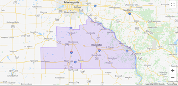 A purple shaded map of southeast Minnesota