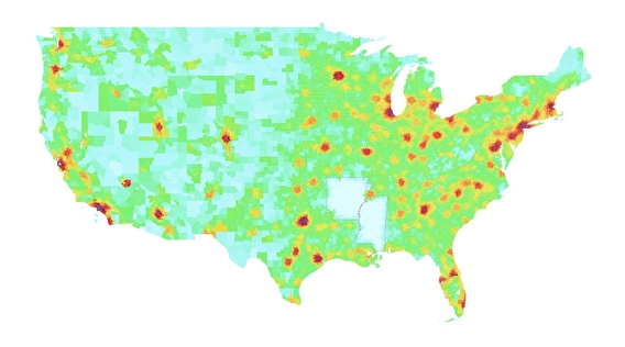National map showing accessibility to jobs by auto in shades of color ranging from red to blue 