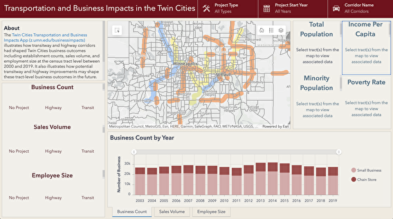 Screenshot of an interactive map showing business outcomes (sales, employment, and establishment counts) for census tracts across the metro area.