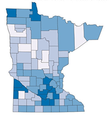 A map of Minnesota showing the location quotient. The darker the blue, the higher the concentration of imports and exports.