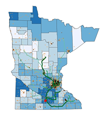 A map of Minnesota showing Blue Earth County export paths